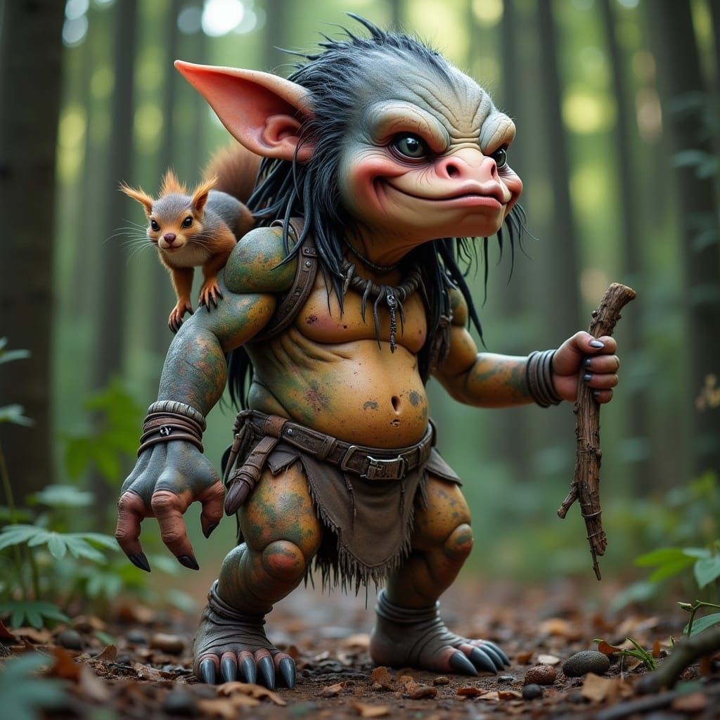 Grunge Troll with Squirrel Companion in Forest Landscape