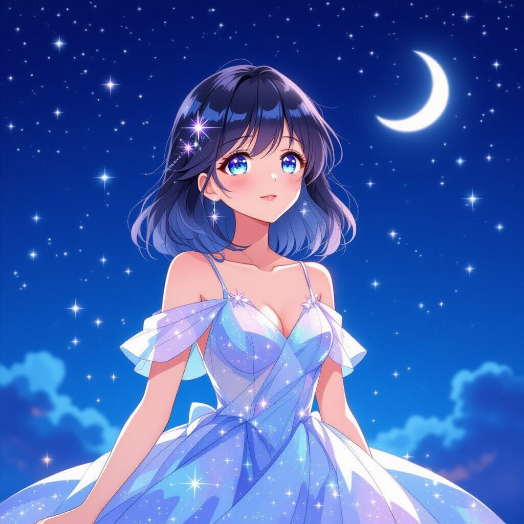Anime Girl Gazing at Starry Night Sky