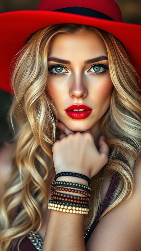 Sensuous Woman in Red Hat, Realistic Portrait