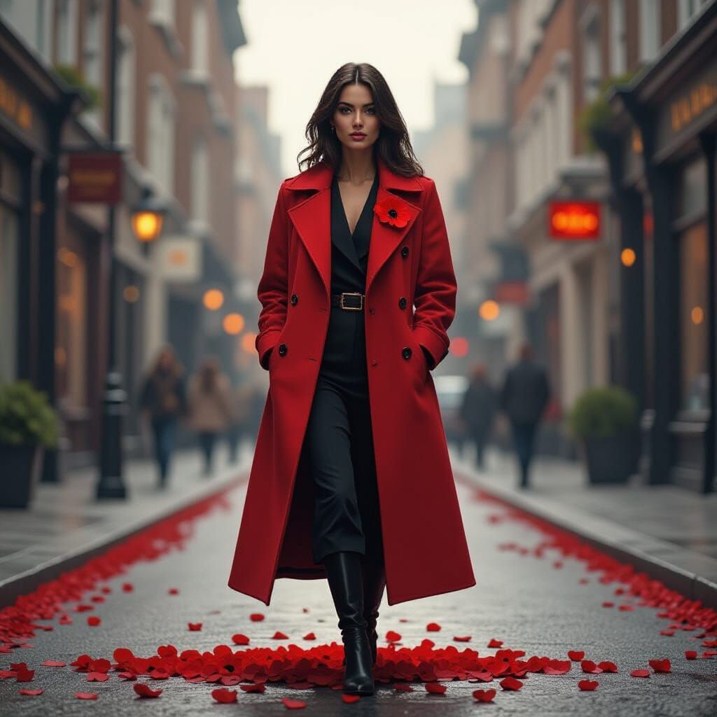 Solemn Woman in Poppy Coat, Fantasy Art Style