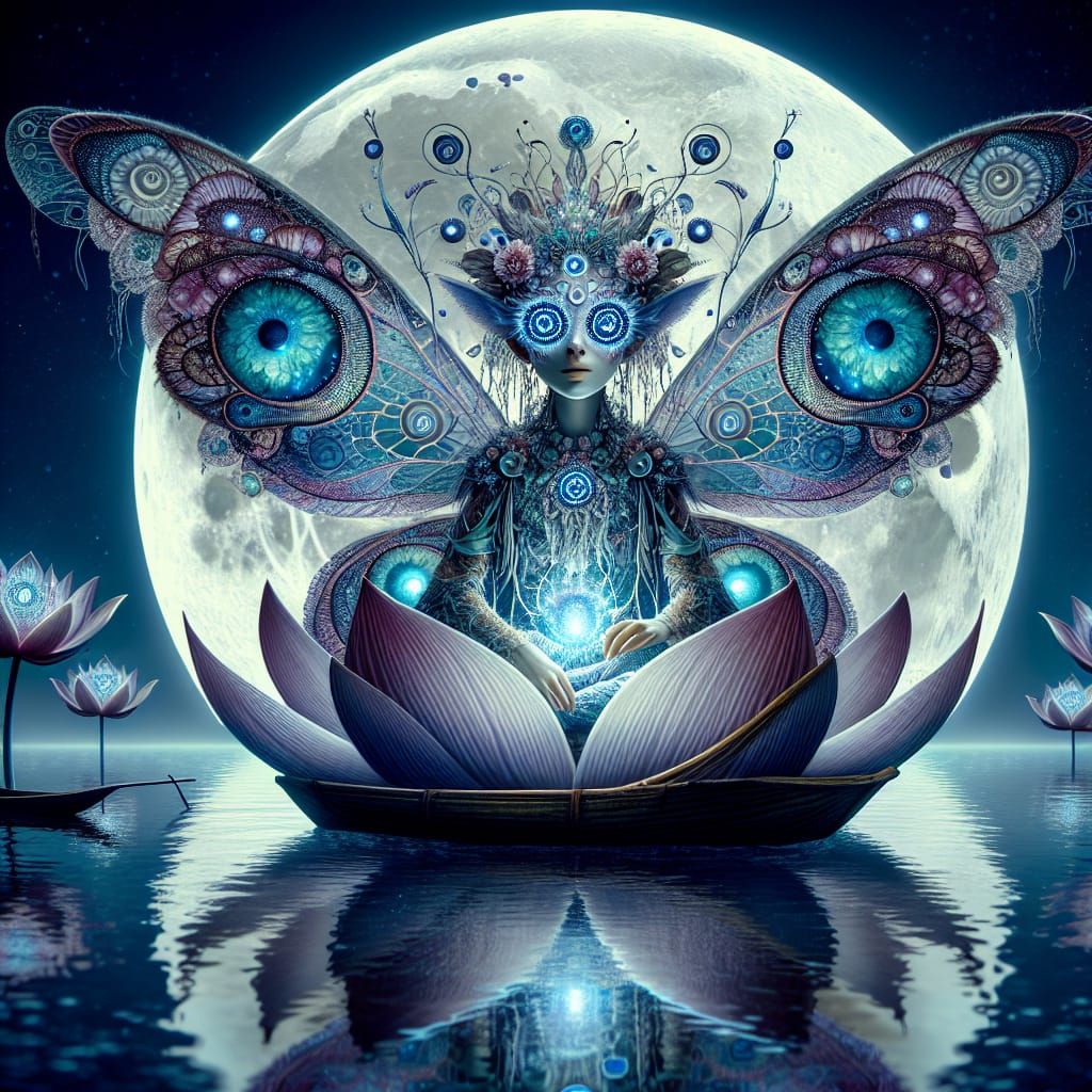 Bioluminescent Fairy on Moonlit Lake