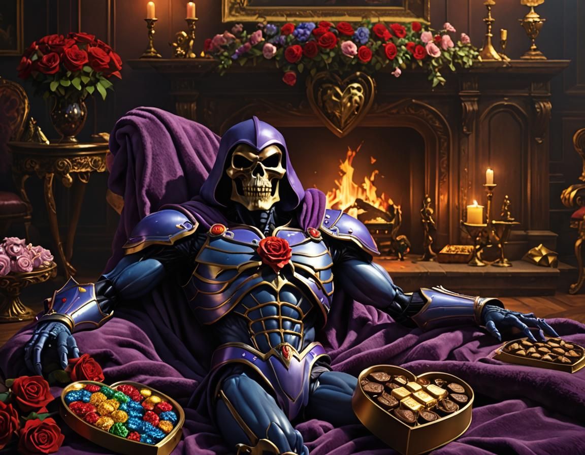 Skeletor reclining on a fur rug, Masters of the Universe, MOTU