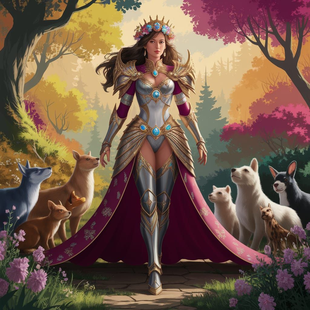 Royal Princess in Lush Forest Attire with Vibrant Wildflower...