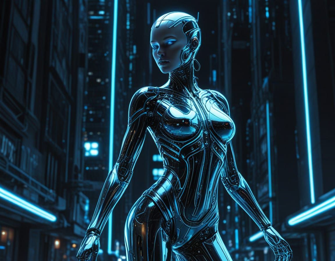 Futuristic Female Android in Cyberpunk Metropolis