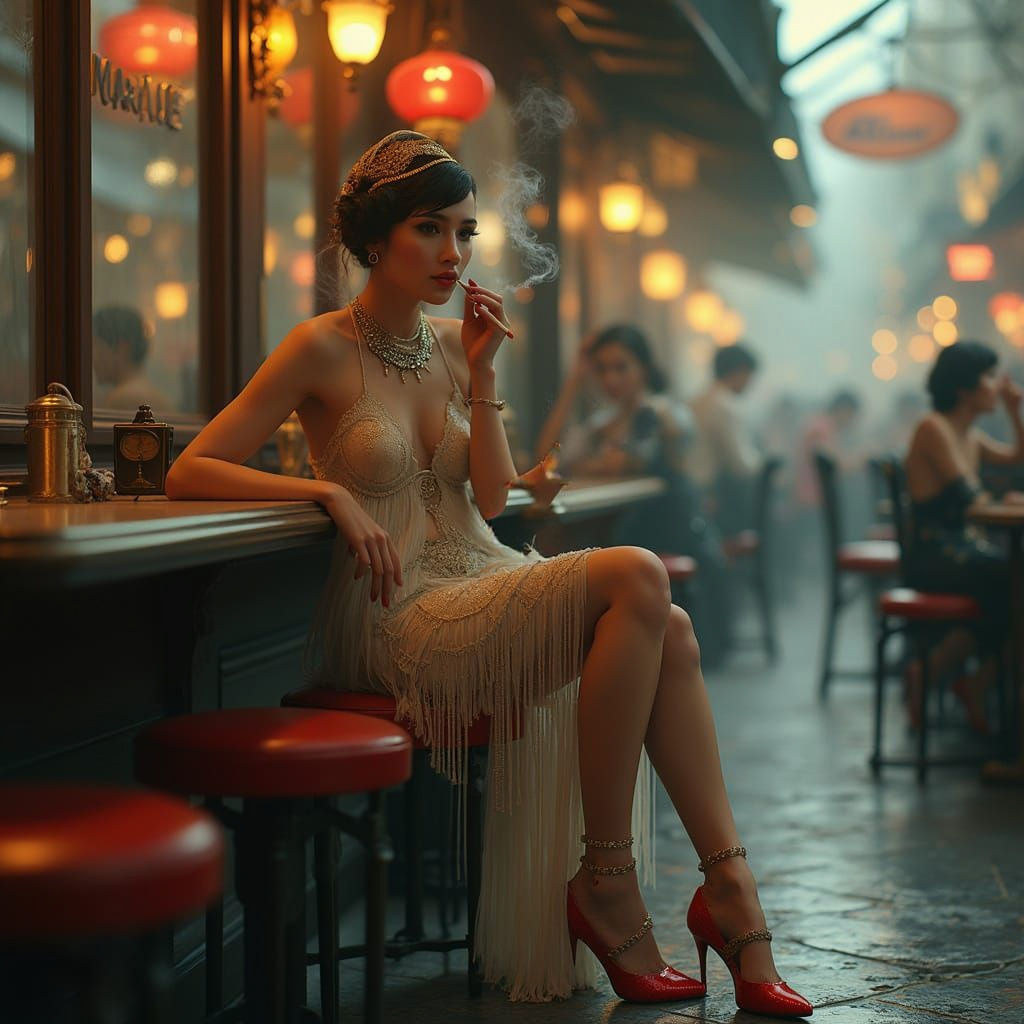 Glamorous Flapper Girl at Parisian Bistro in Splendid Colors