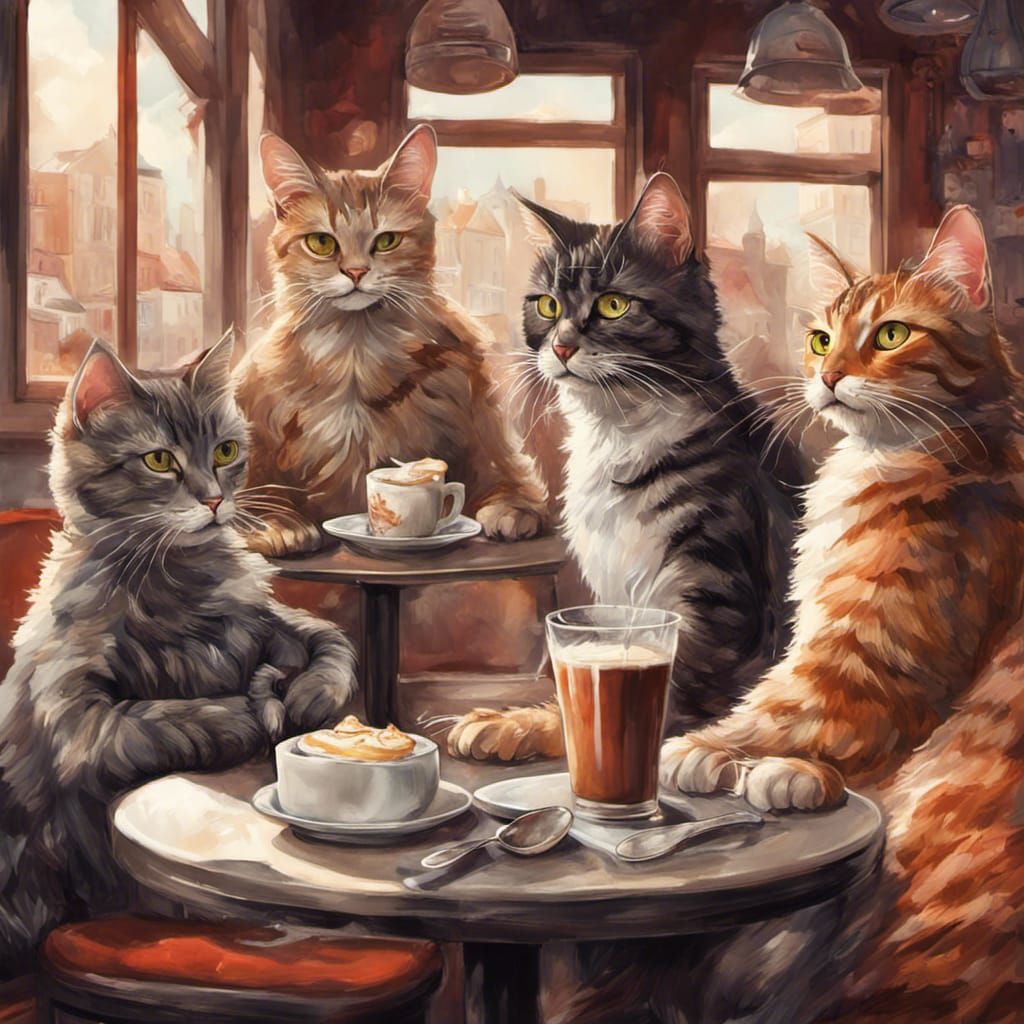 Cats' Coffee Break: Whimsical Cafe Scene in Gouache