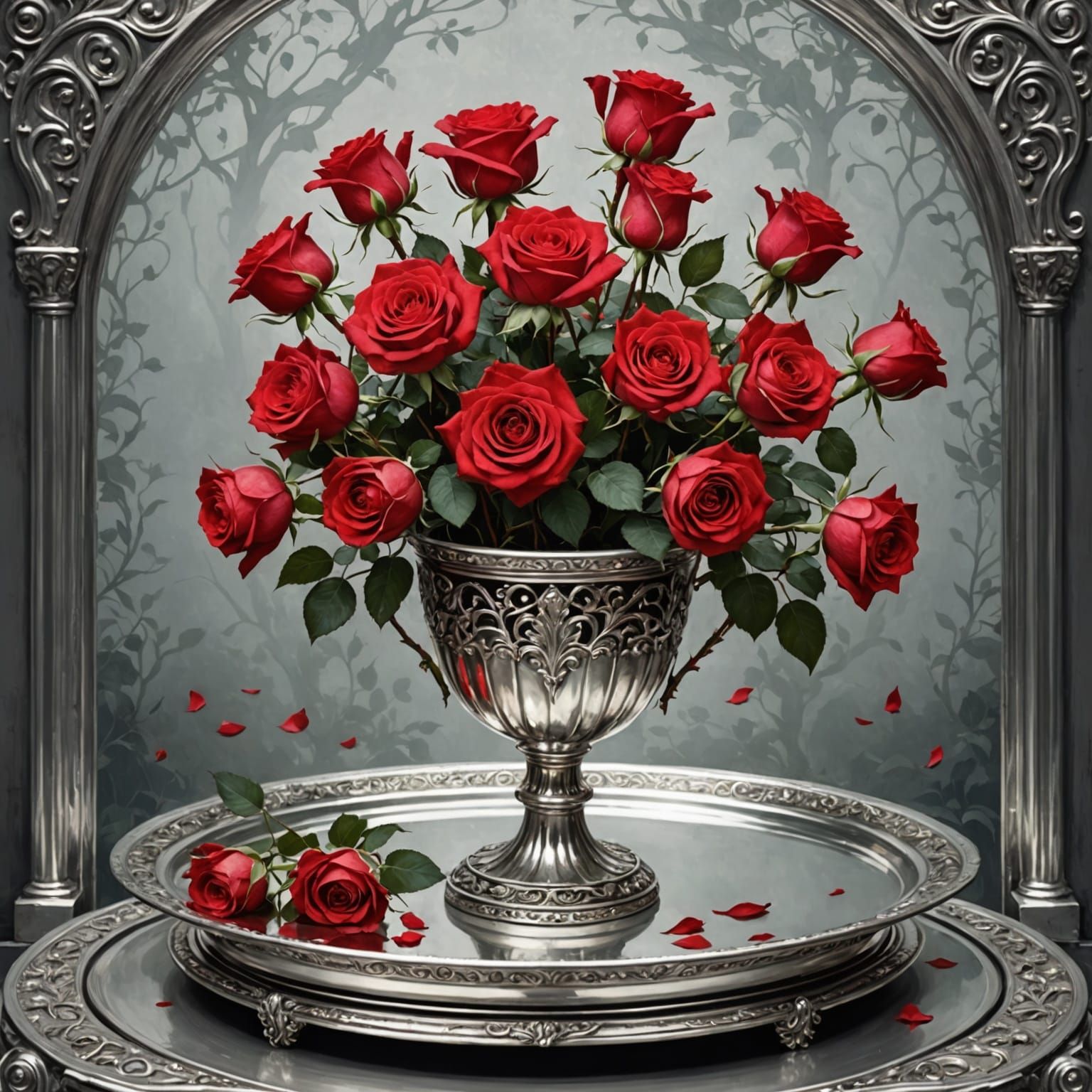 Elegant Fantasy Roses in a Silver Vase