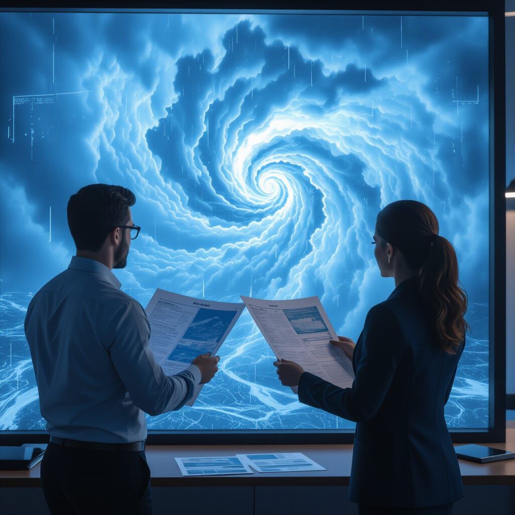News Reporters Examine Weather Map in Detailed Painting