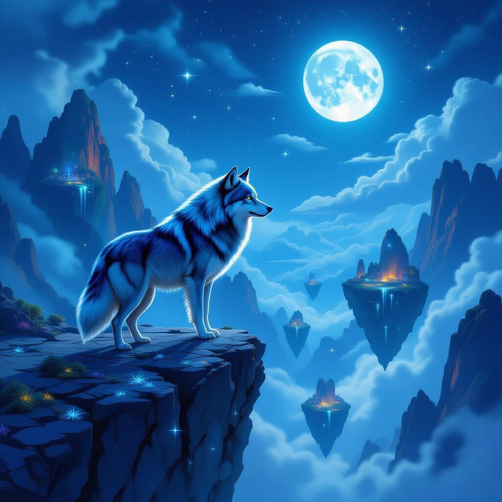 Starlit Wolf on Cliff Overlooking Dreamlike Islands