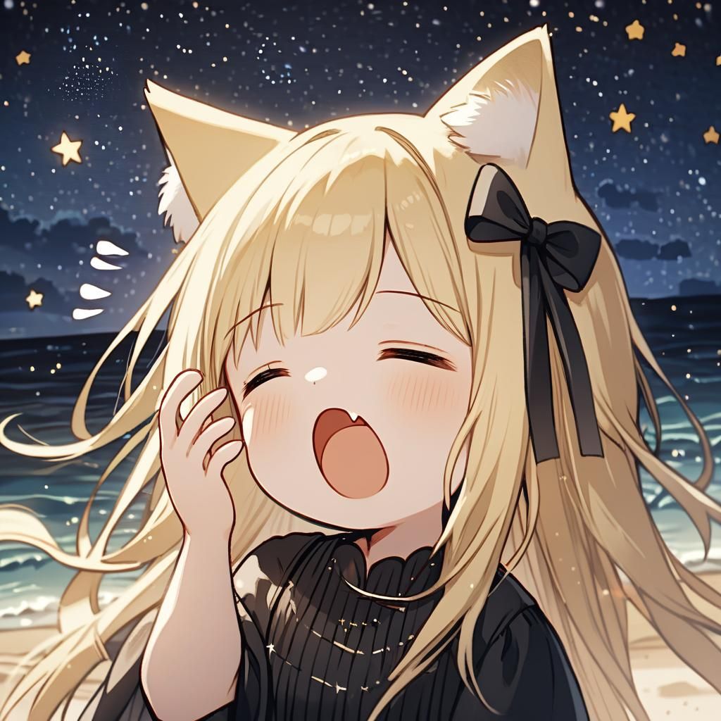 Adorable Chibi Catgirl Yawning on Starry Beach
