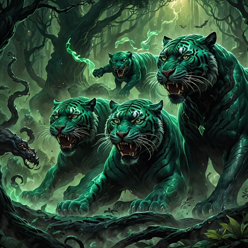 Mystical Tigers in a Dark Industrial Forest