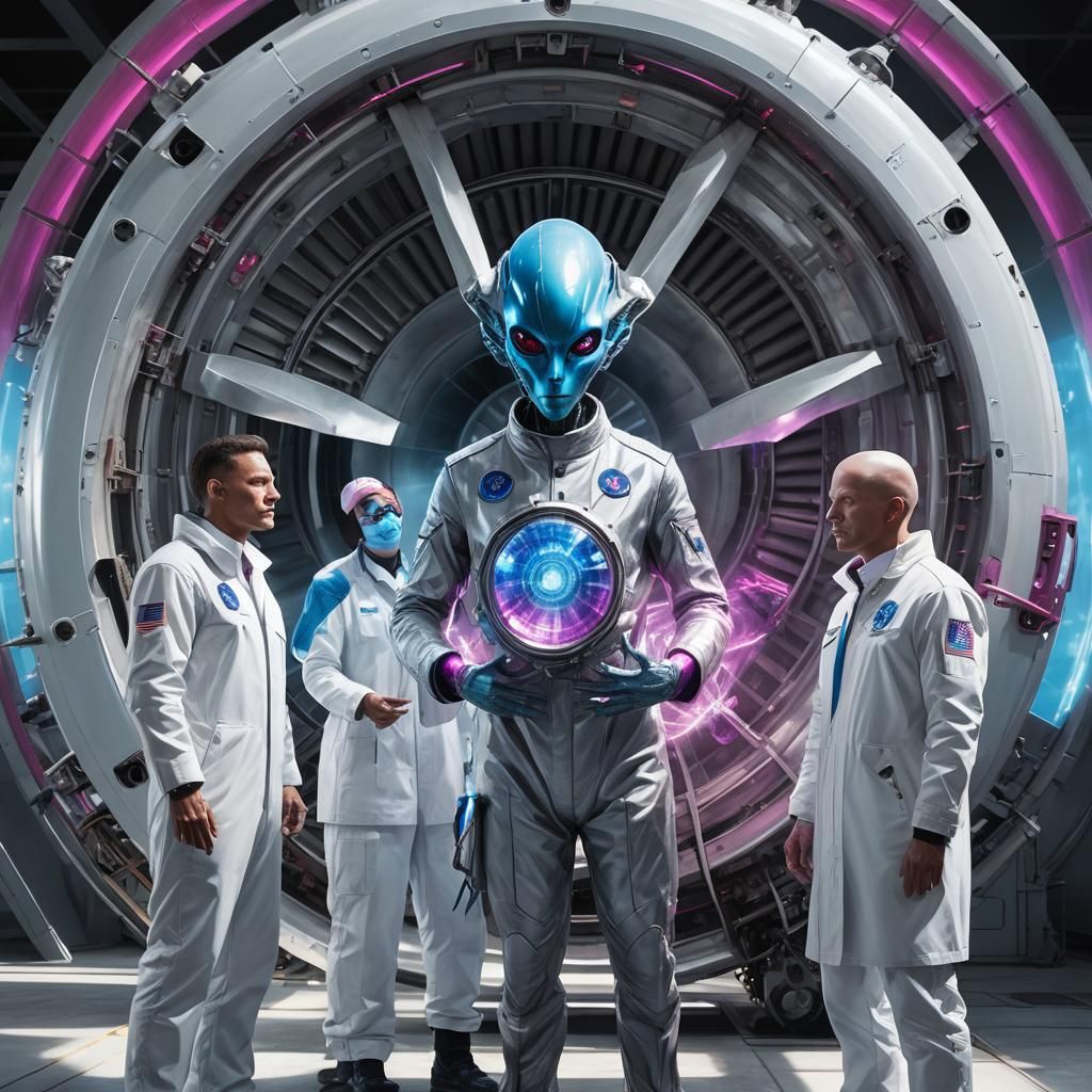 Hyperrealistic Aliens Inspect Turbine Engine