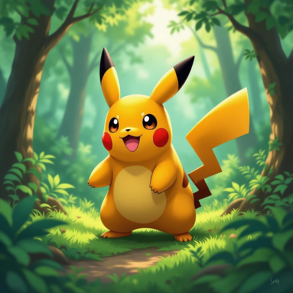 Dynamic Pokémon in Lush Forest, Stylized Digital Art