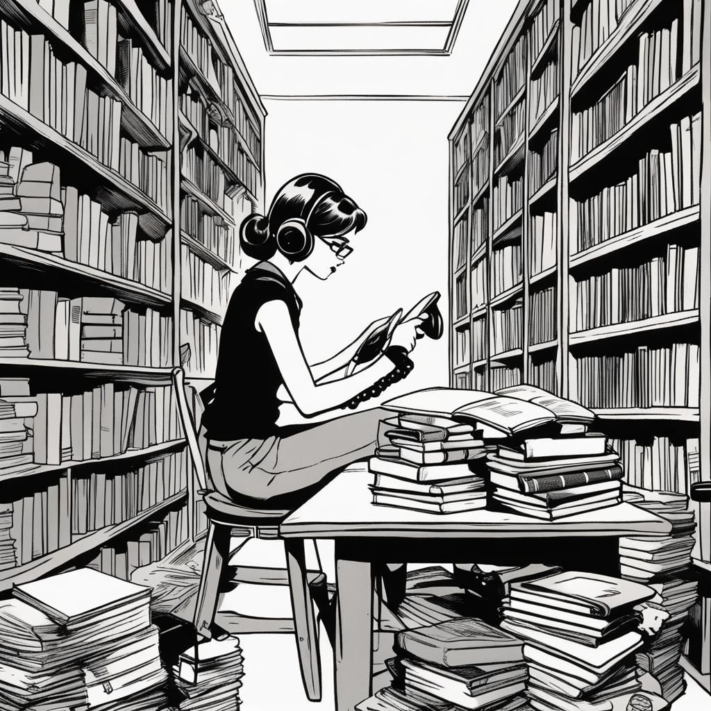 Girl Reading with Vintage Phone in Comic Art Style