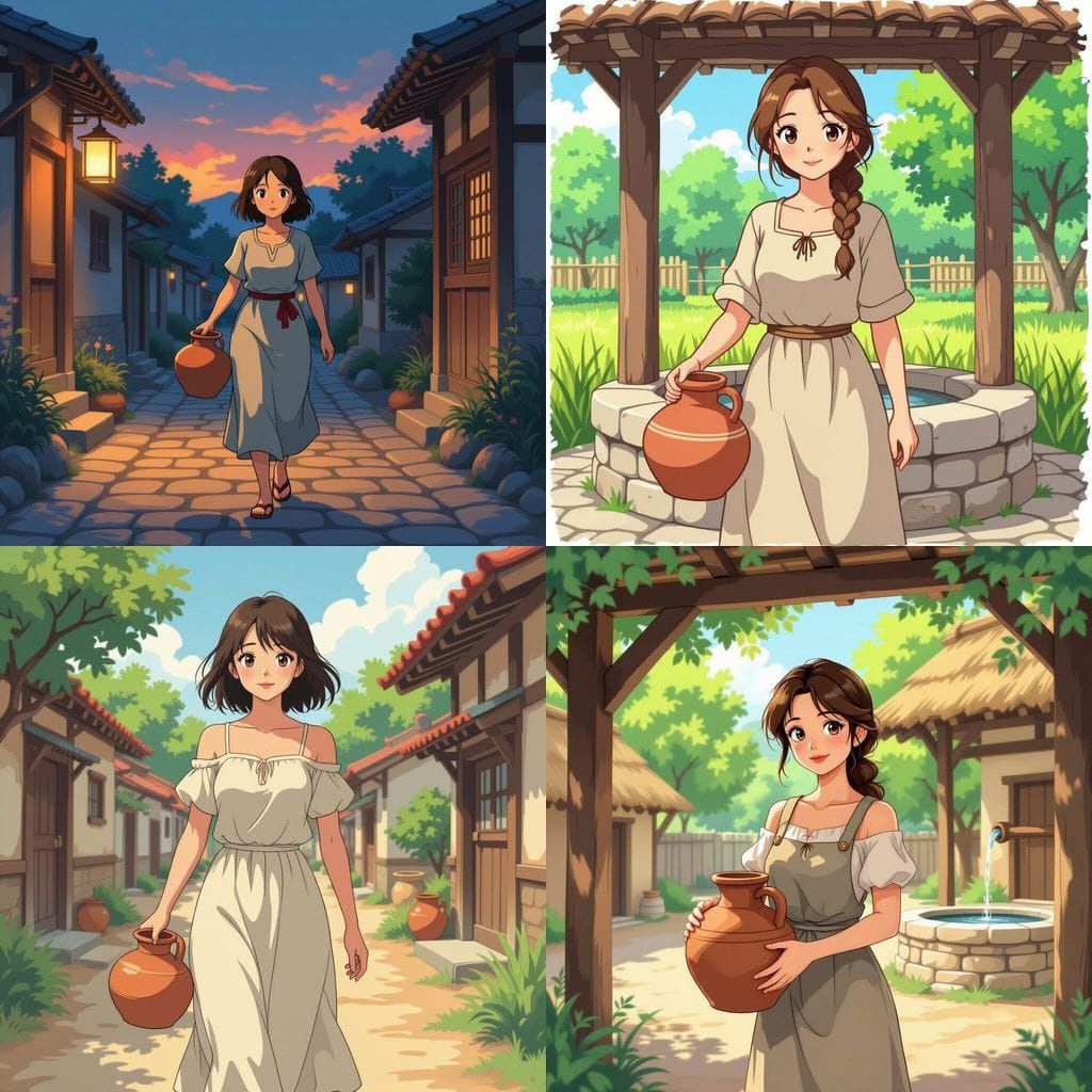 Anime Villager Woman Carrying Water Jar in Shounen Style