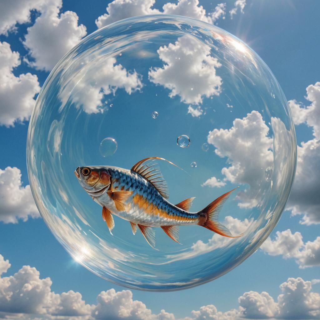 Fish Floating in Bubble: Surreal Oil Painting