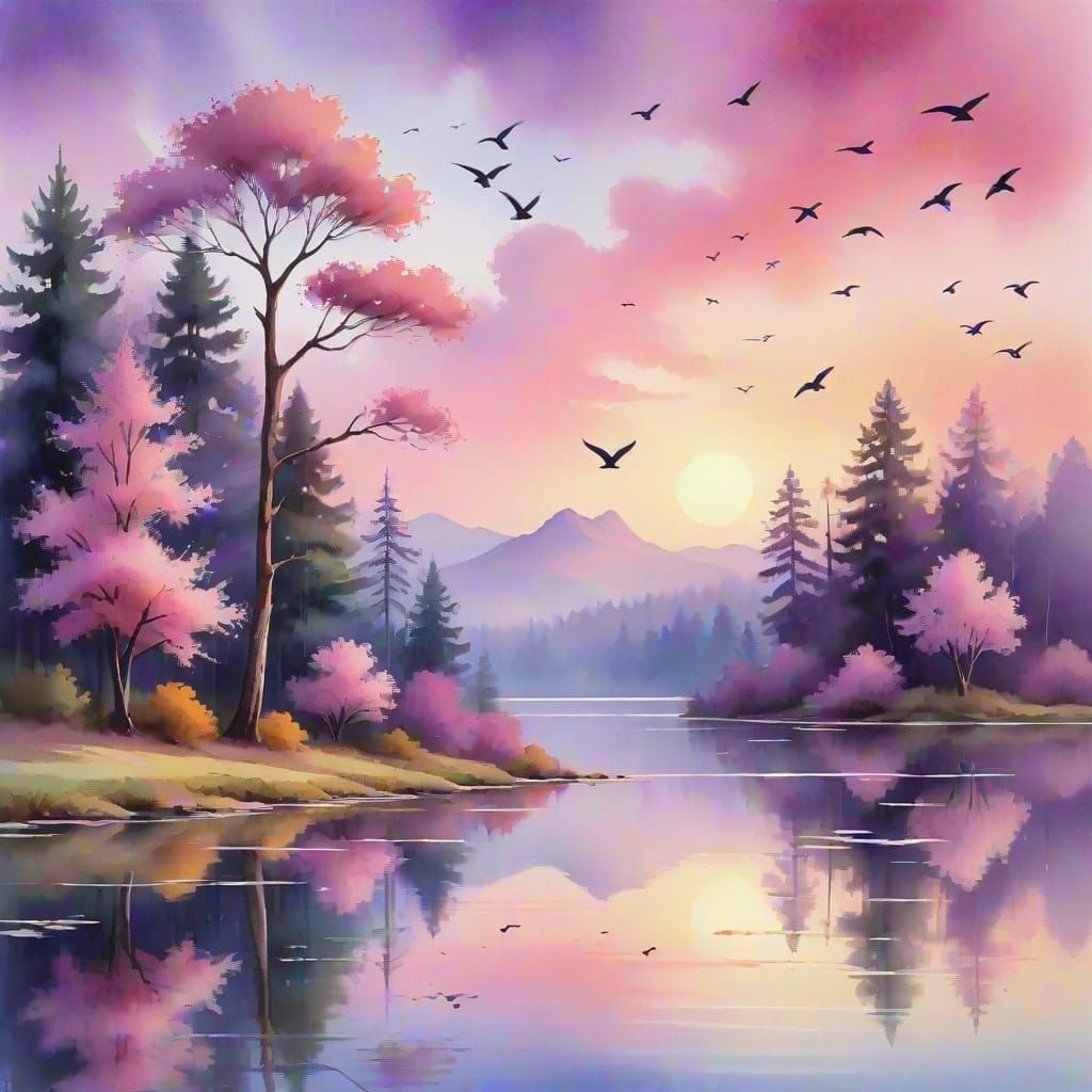 Dreamy Watercolor Lake Scene with Birds in Flight