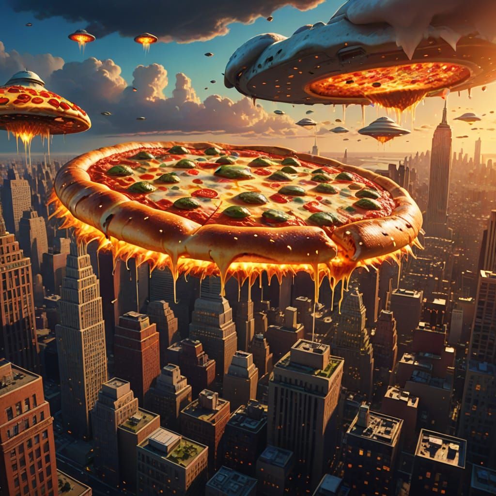 Pizza UFO Over New York in Sci-Fi Digital Art