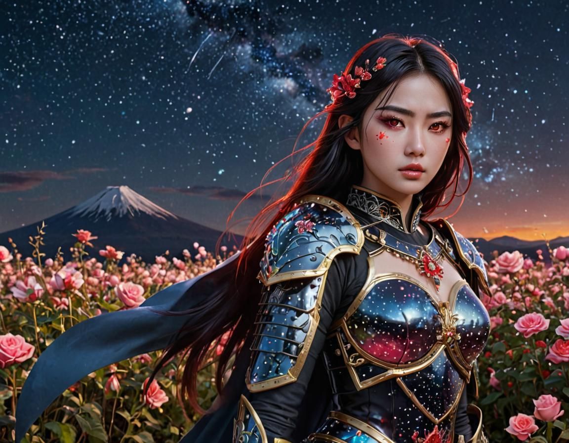 Magical Girl Warrior on Mount Fuji in Anime Style