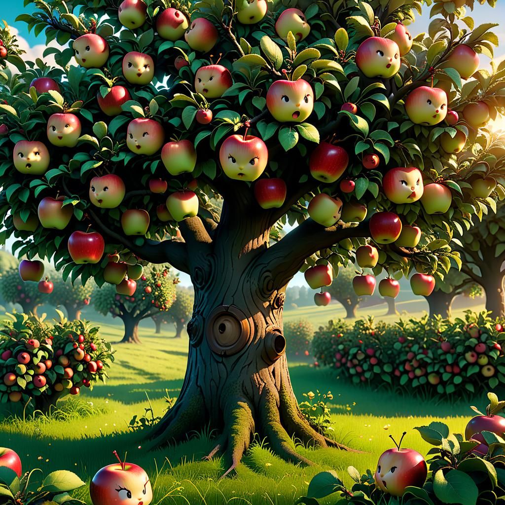 Anthropomorphic Chibi Apples in a Magical Orchard