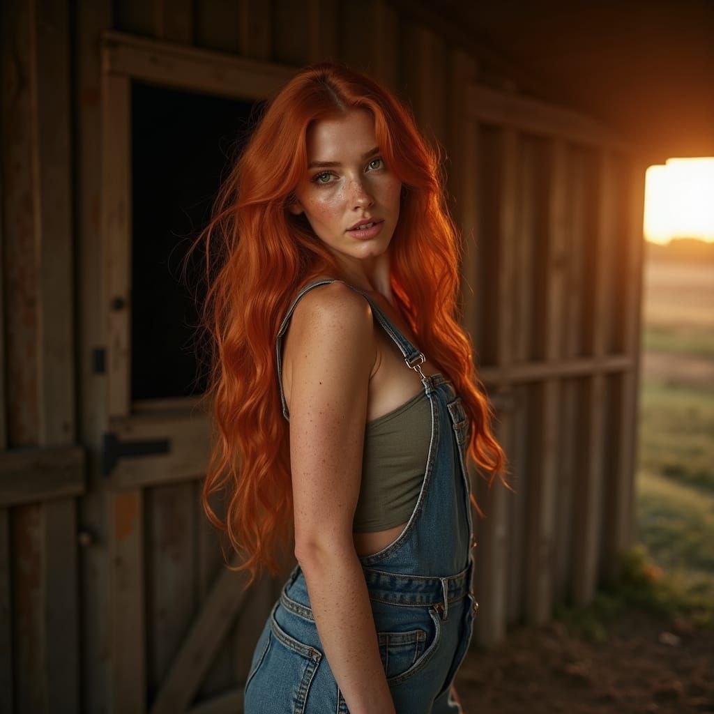 Redhead in Overalls: Rustic Barn Portrait in Golden Hour