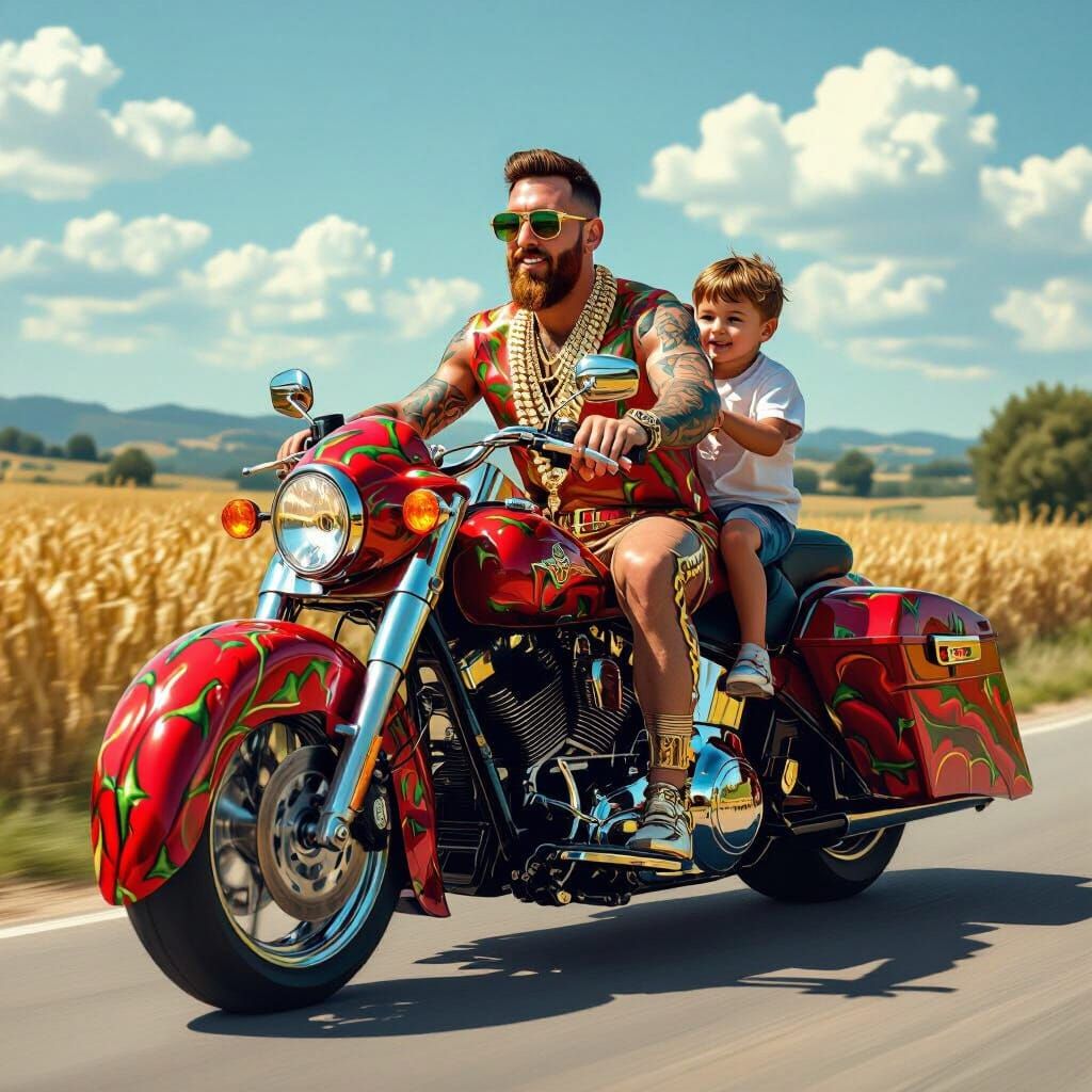 Messi Rides Chili Pepper Motorcycle in Hyper-Realistic Style