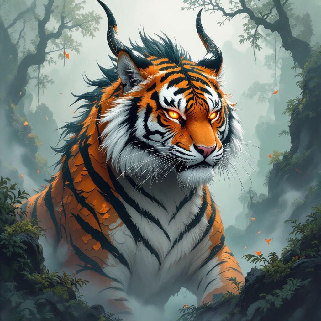 Dragon-Tiger Hybrid in Mystical Forest, Cinematic Lighting