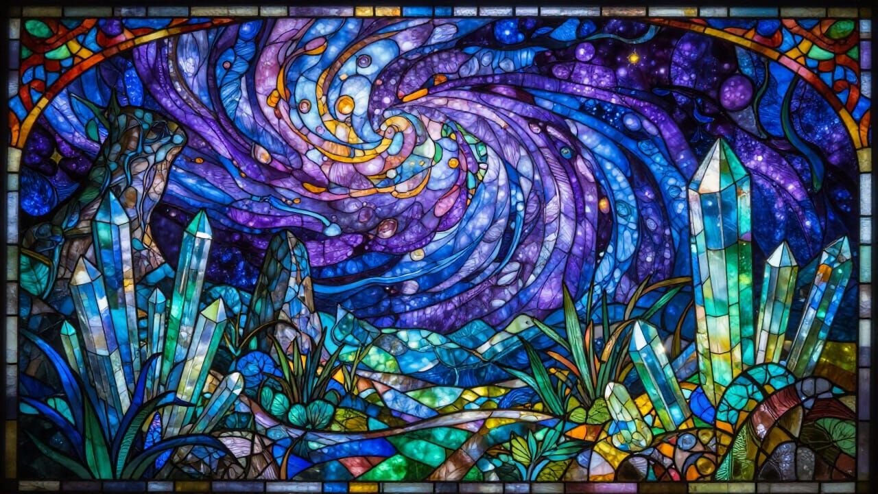 Ethereal Alien Landscape in Vibrant Stained Glass Style