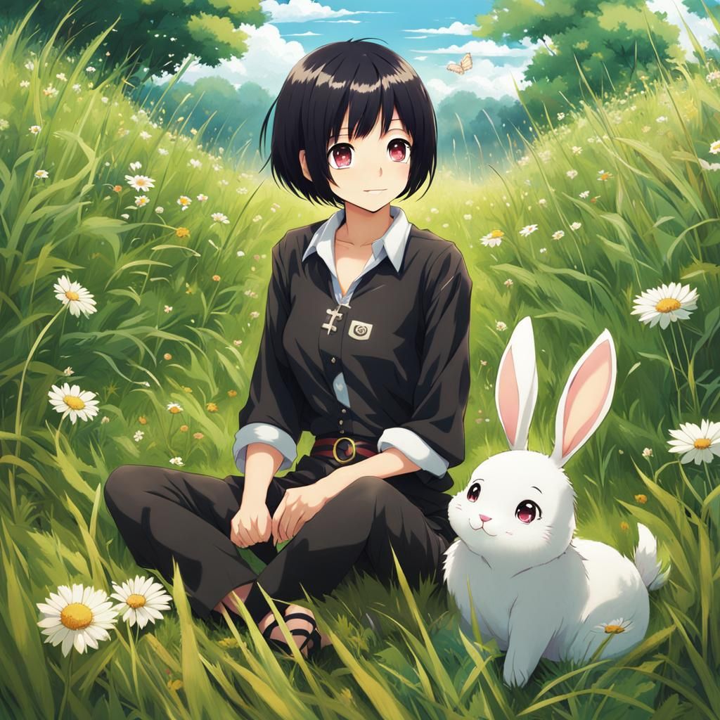 Anime Girl with Rabbit Shirt in Grassy Field