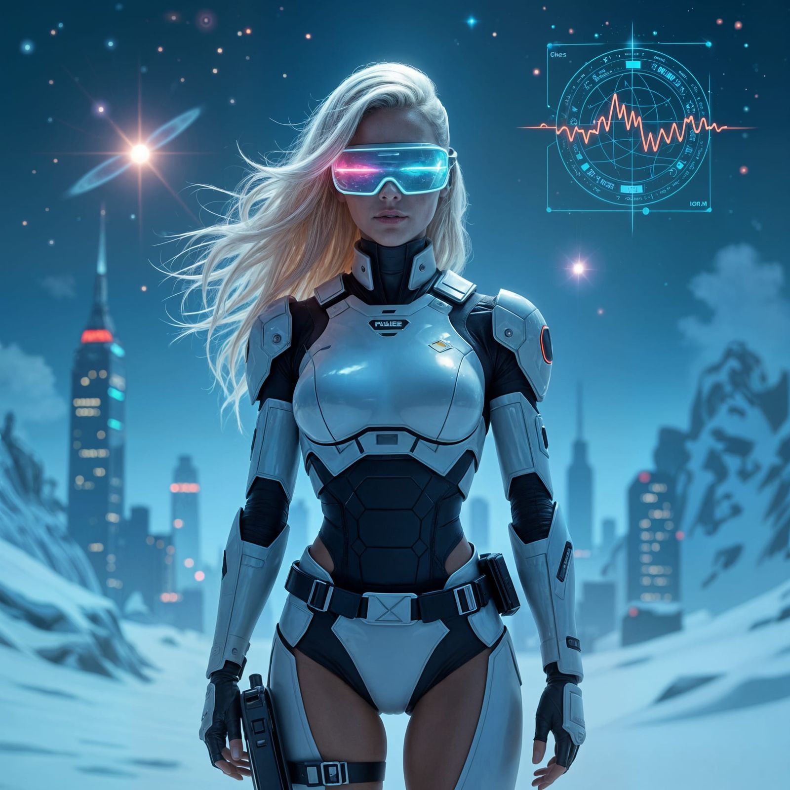 Futuristic Cyborg Woman in Cosmic Cityscape