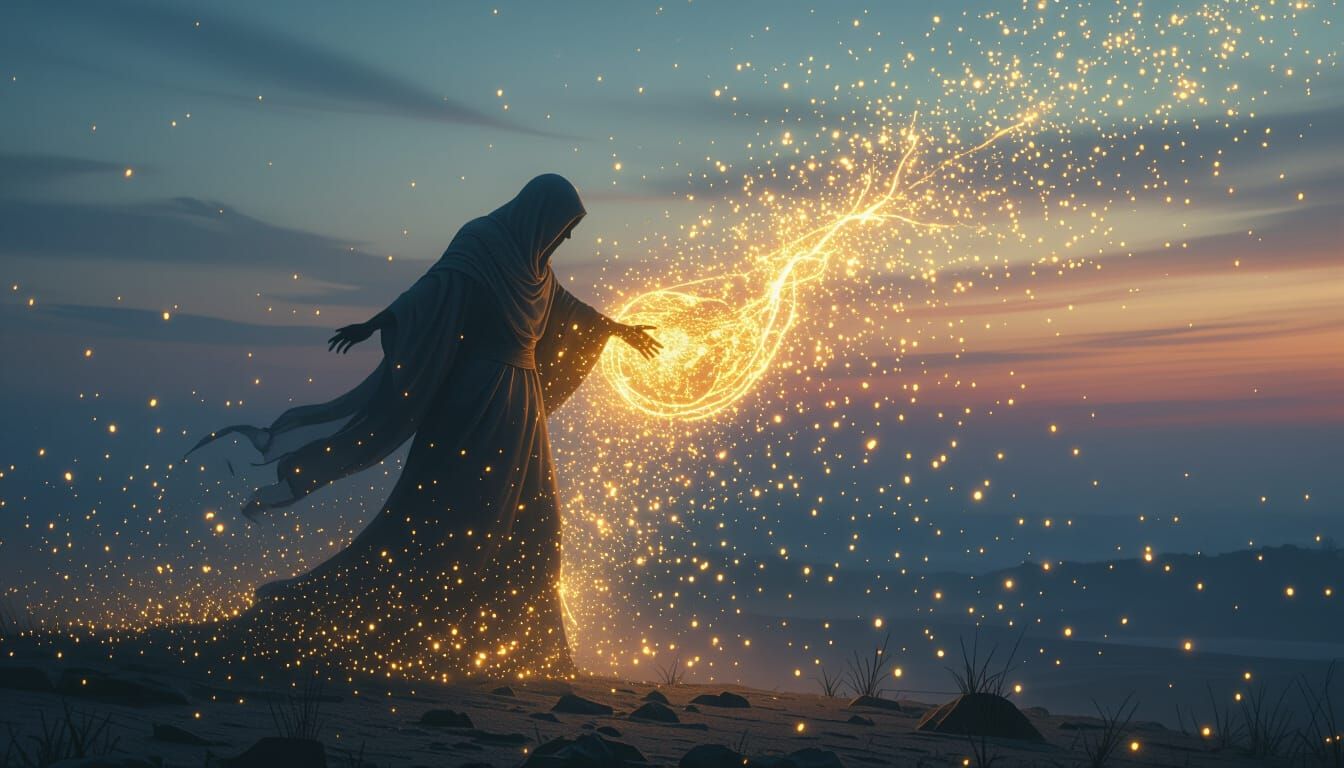 Ethereal Figure's Digital Rebirth in Surreal Twilight