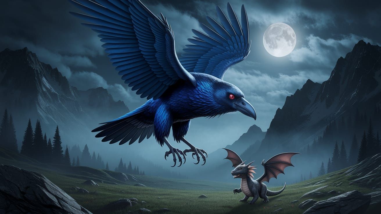 Giant Raven Swooping on Dragon in Dark Fantasy Style