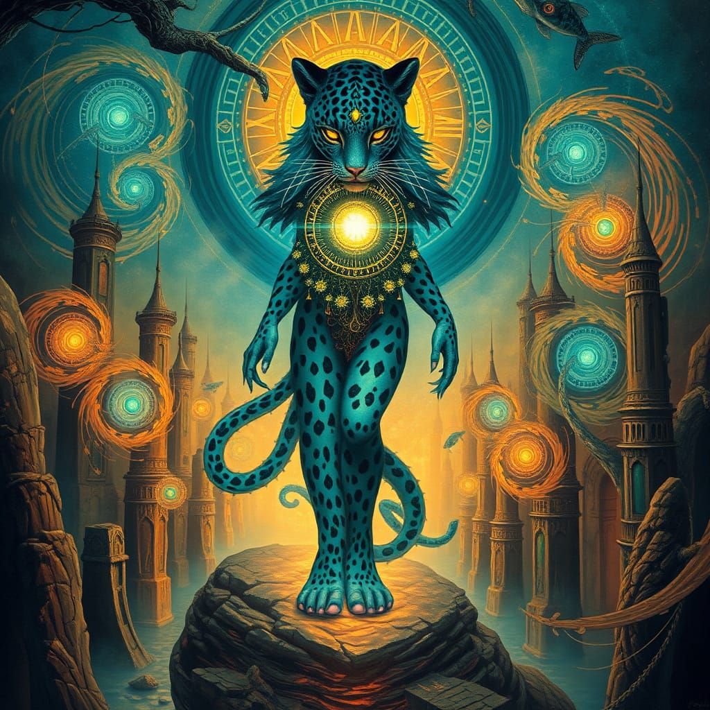 Mystical Blue Leopard Goddess in Celestial City