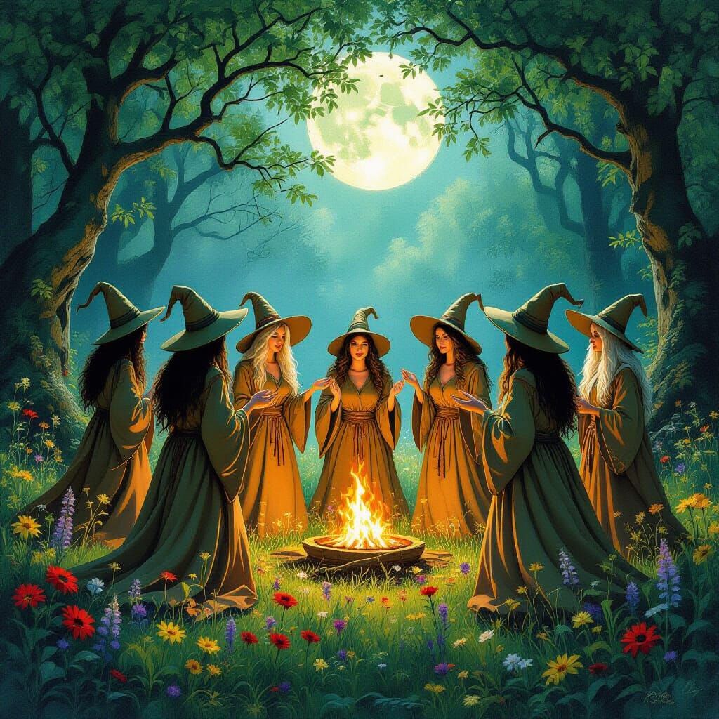 Witches Celebrate Lammas in Moonlit Forest