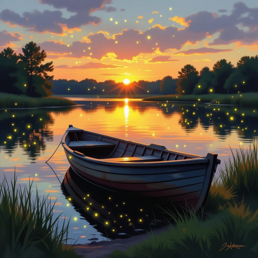 Derelict Boat on Pond at Sunset with Fireflies