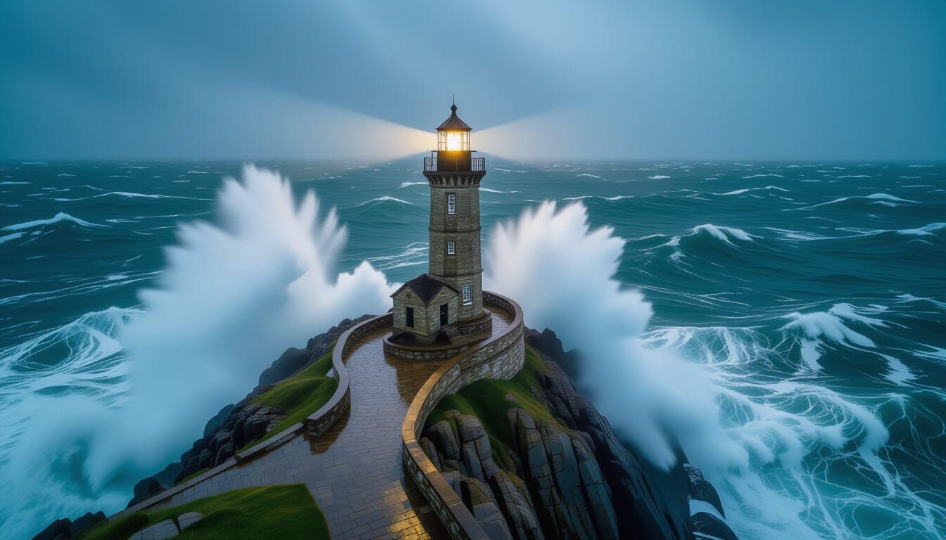 Lighthouse Defiant Against Stormy Seas in Hyperrealism