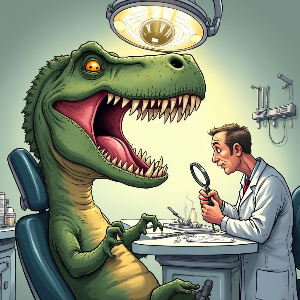 Cartoon T-Rex at the Dentist Office