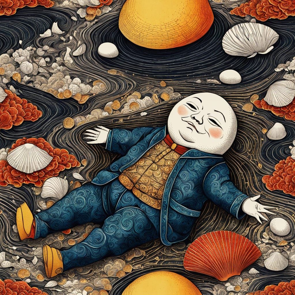 Humpty Dumpty's Surreal Fall: A Ukiyo-e Scene