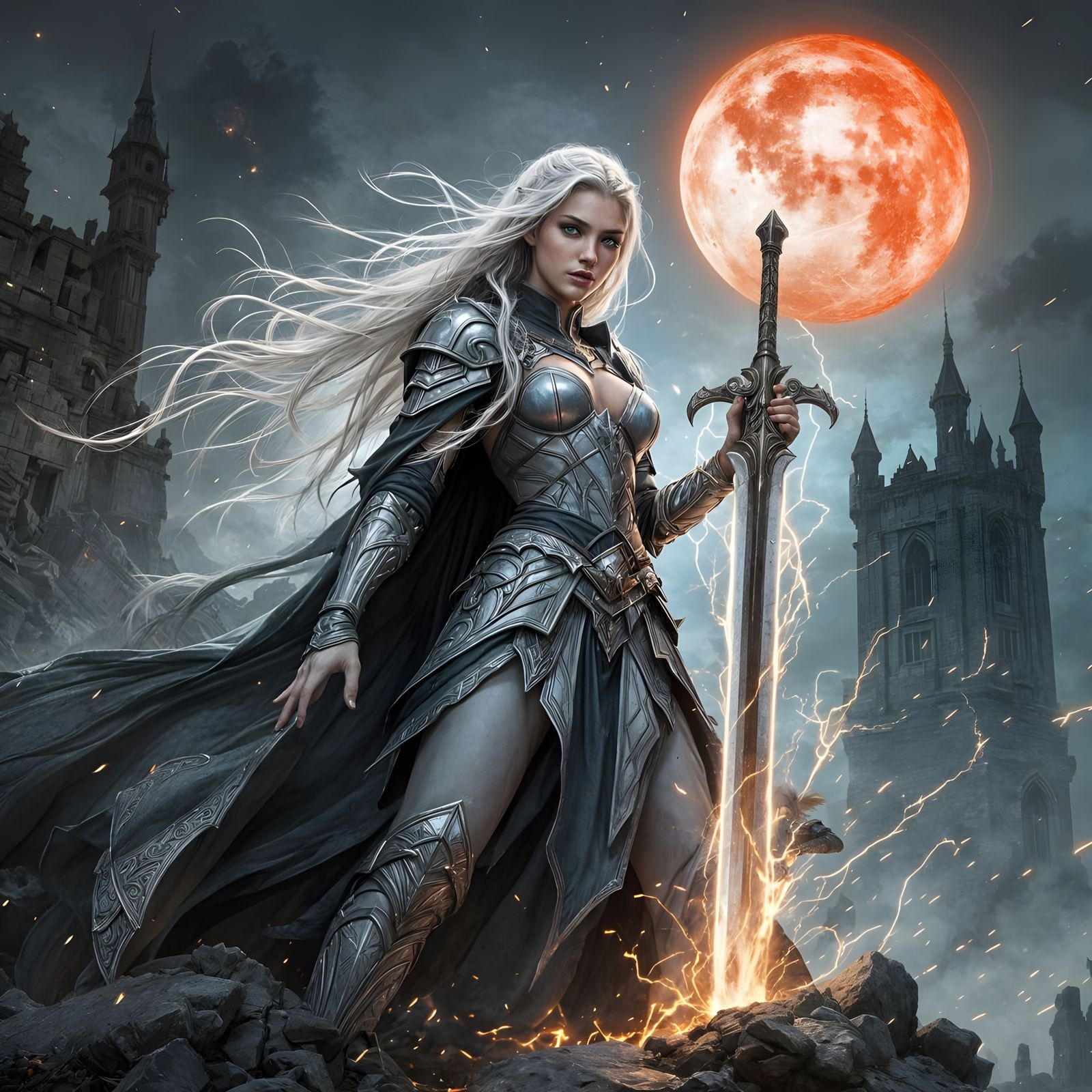 Elven Warrior Under Blood Moon, WLOP Style