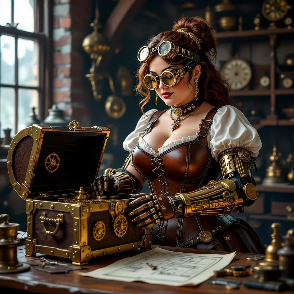 Steampunk Inventor Inspects Treasure Chest