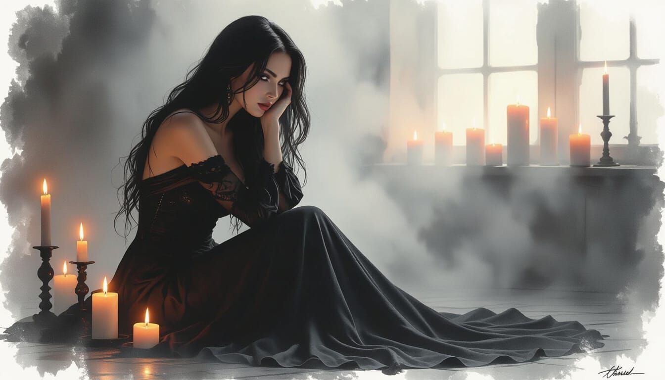 Gothic Woman in Candlelight, Hyperrealistic Digital Art