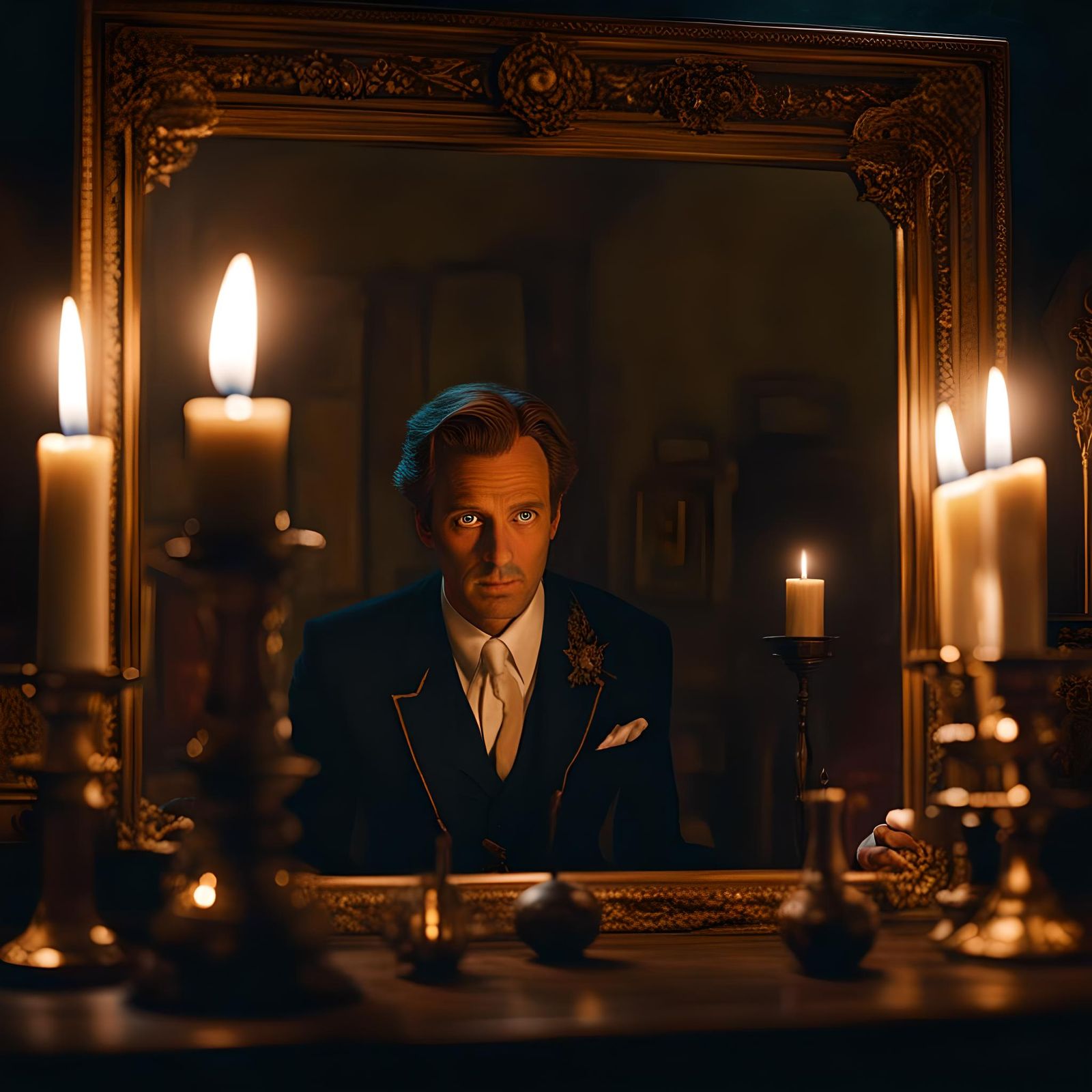 Mysterious Man Emerges from Mirror in Gouache Style