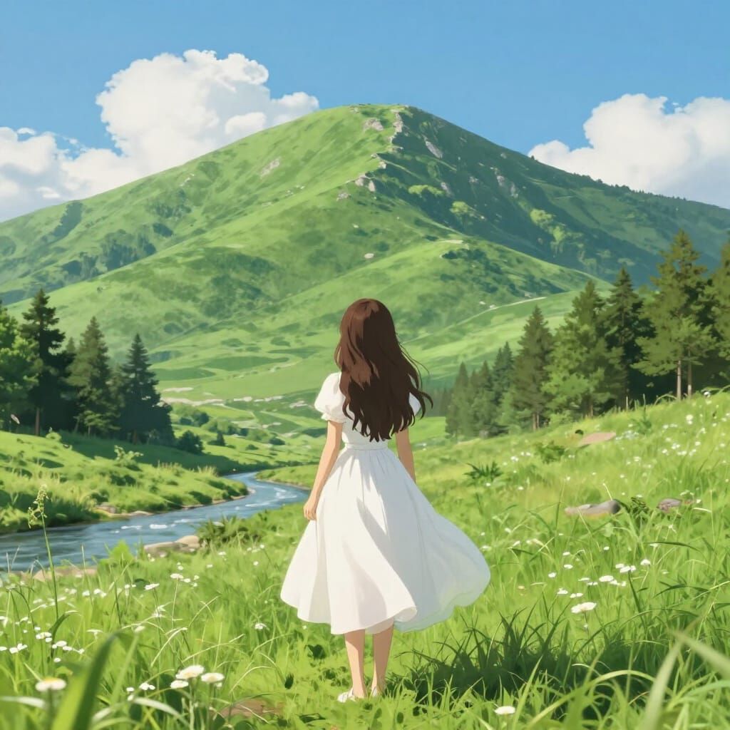 Dreamy Anime Girl at Mountain Base in Fairy Tale Dress