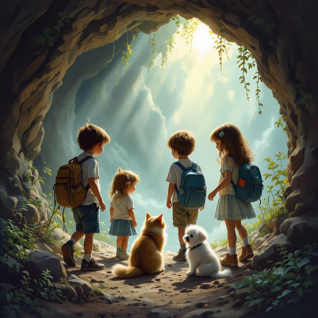 Children and Pets Enter Magical Cave with Soft Light