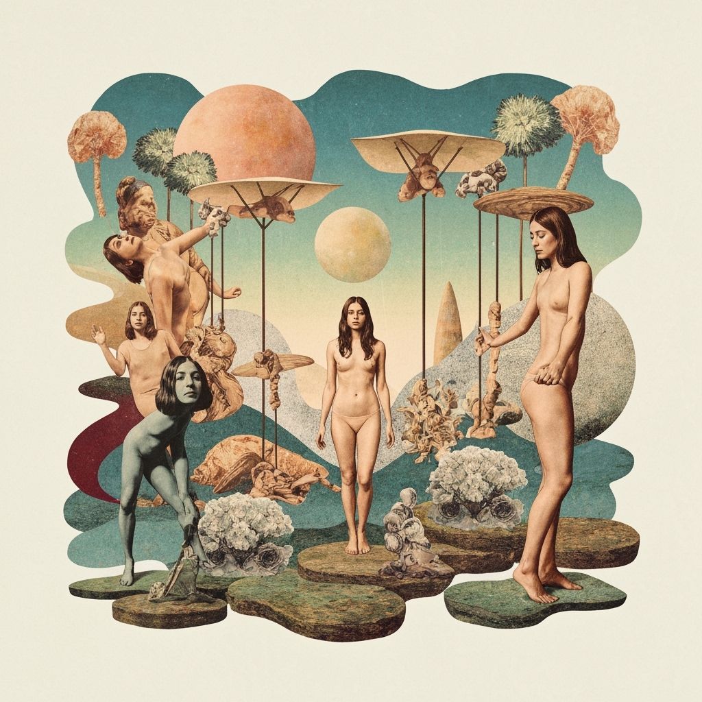 Surreal Collage of Woman's Transformation in 1970s Palette