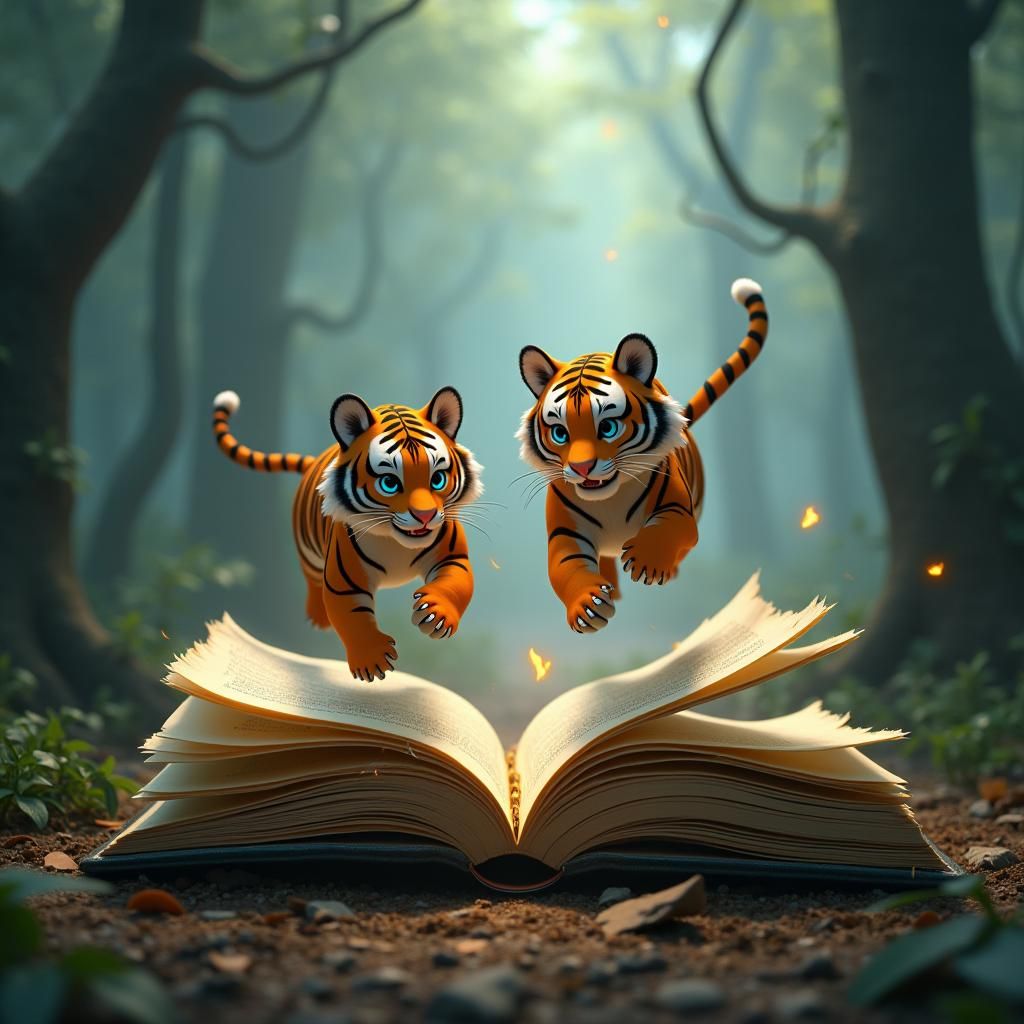 Tigers Leap From Book in Dreamlike Forest