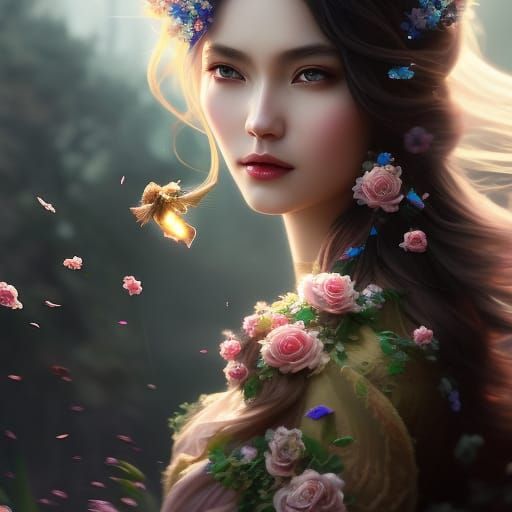 Sinister Ghost with Flying Flowers, Photorealistic Portrait