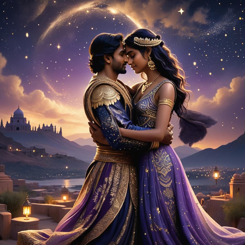 Romantic Embrace in a Starry Fantasy Landscape