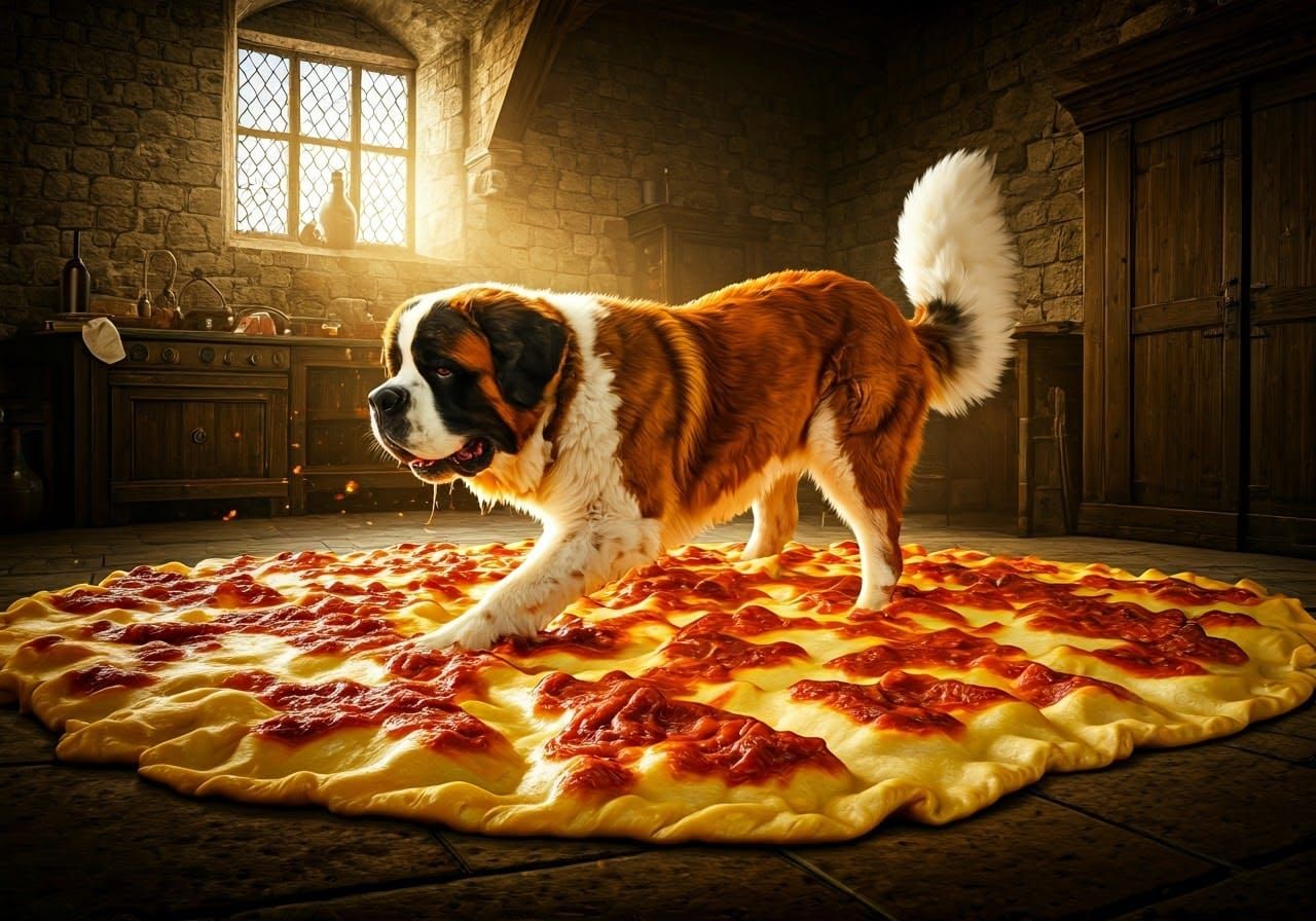 Saint Bernard Digs Into Lasagna, Hyperrealistic Painting