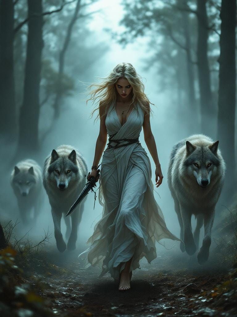 Fierce Woman Walks Through Mist With Wolves